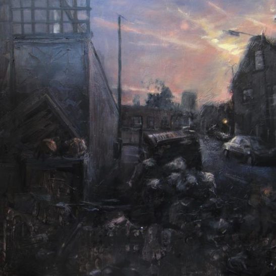 brighton bin strike 100 x 100 cm oil on board