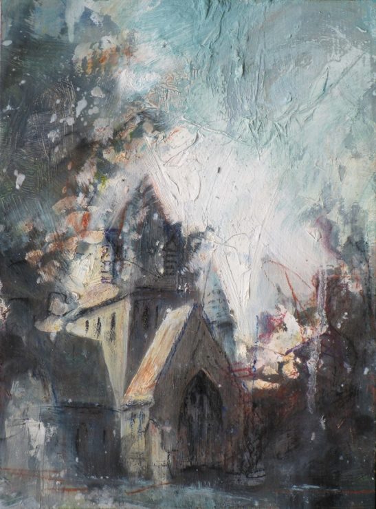 sun behind christ church west wimbledon 20 x 25.5cm