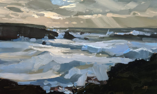 BIg waves at Porthcothan 30 x 50 cm oil on board